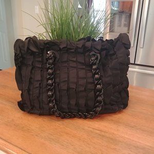 AUTH PRADA Black RUFFLE NYLON & leather shoulder bag tote STUNNING!